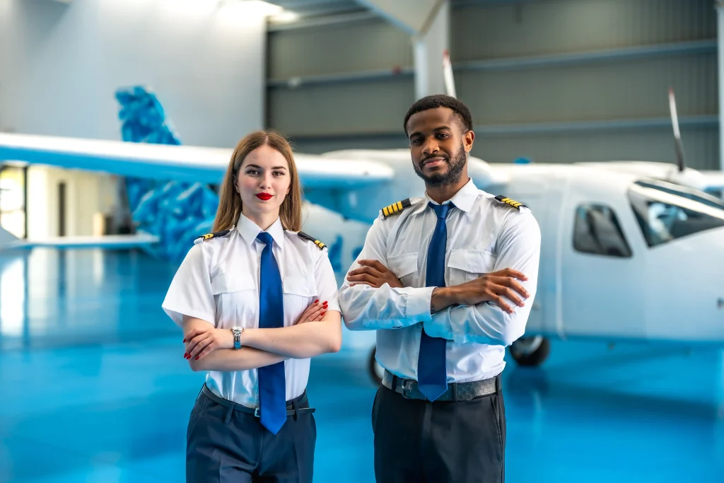 Confident pilots standing in aircraft hangar 2026 01 09 11 56 07 utc