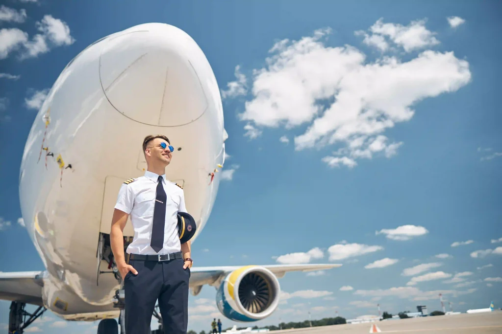 A pilot under a commercial plane
