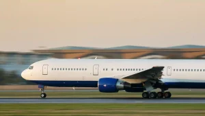 Commercial Airplane running on runway preparing for takeoff